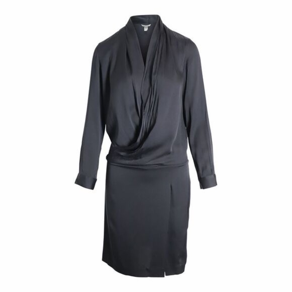 Monaco Satin Shirt Dress long sleeve draped fitted hem mini wrap Sz L Black